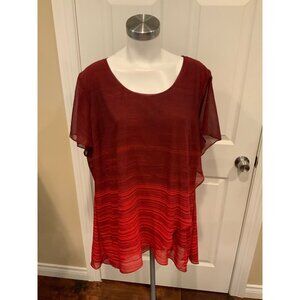 H By Halston Red Striped Billowing Short Sleeve Top, Size 1X (Plus)